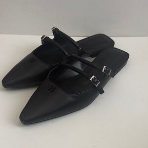 DKNY Black Pointed Double-Buckle Mules